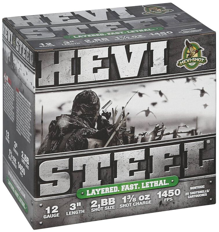 HEVI-Steel, 12 Gauge, BB and 2 Shot, 3 in, 1 3/8 oz, 1450 fps