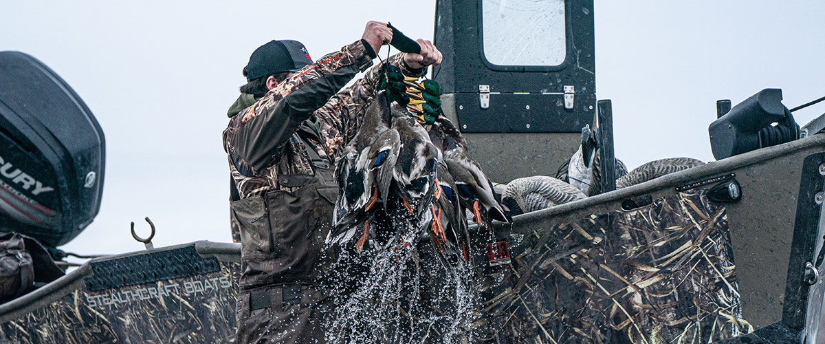 hunter playing ducks out of the water into a boat