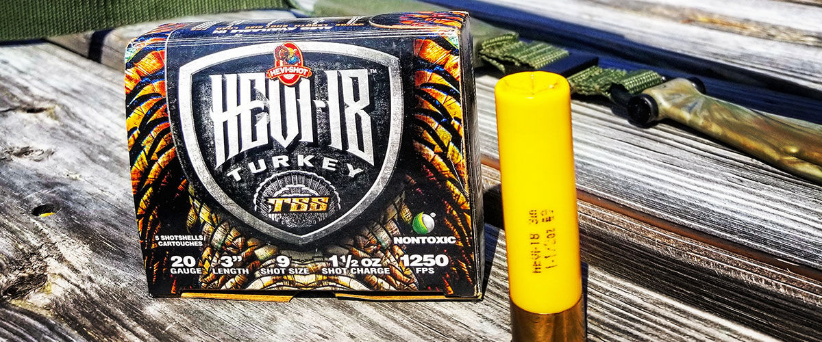 HEVI-18 Turkey box and shotshell on a wood table